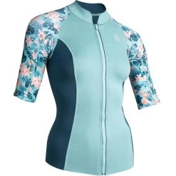 Top Anti UV Manches Courtes Femme Néoprène 1 Mm - Turquoise Fleurs -Freedive Soldes top anti uv manches courtes femme neoprene 1 mm turquoise fleurs 5